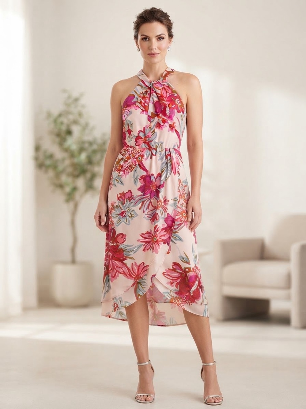 Julia Jordan Floral Halter Midi Dress Size 12 Pink Red Wedding Guest Cocktail